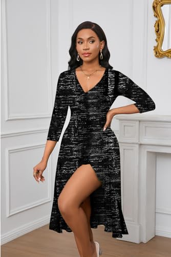 Image of Womens Sexy Midi Summer Dresses | Casual Wrap V Neck 3 /4 Sleeve Split Ruffle Hem Dress with Pockets for Beach & Party