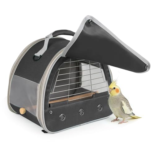Image of Bird Travel Carrier Cage, with Stainless Steel Metal Window and Wood Perch, Portable Bag for Cockatiel Parakeet Conure Green Cheek Budgie (Black, Steel Window)