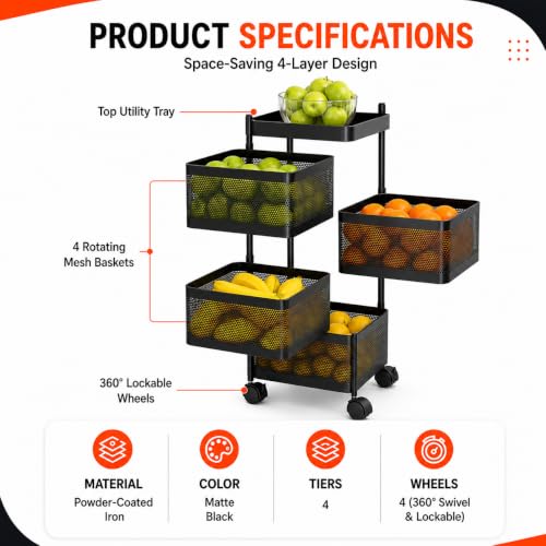 Image of Homeor 4 Layer Kitchen Trolley with Wheels | 360 Rotating Metal Storage Rack for Vegetables, Fruits, Onion & Spices | Square Multipurpose Kitchen Organizer Stand | Metal Kitchen Trolley, Matte Black