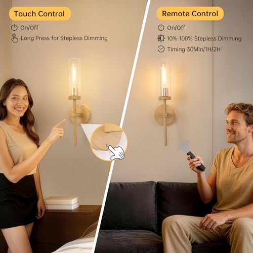 Image of Shenmoyl Battery Operated Wall Sconces Set of 2, Beech Color Rechargeable Wall Lighting Fixtures, Dimmable Wall Lights with Remote & Clear Glass Shade for Living Room, Bathroom,Bedroom