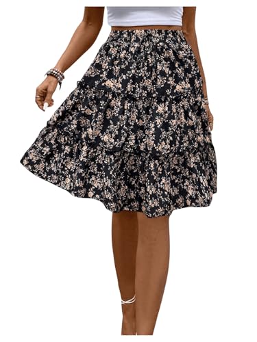 WDIRARA Women's Floral Print Ruffle Hem Elastic High Waist Tie Front Skirt Black Boho Large