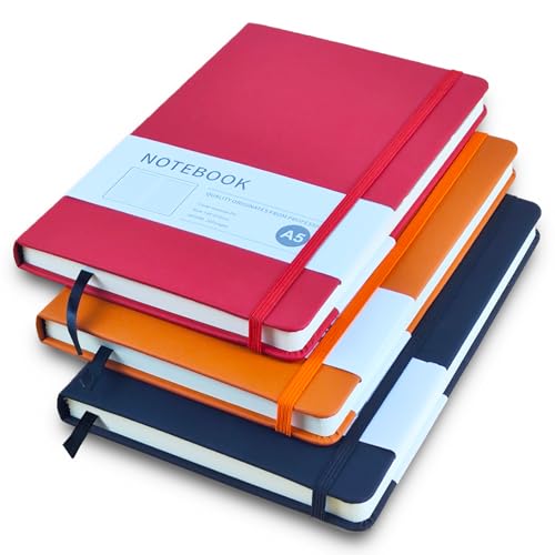 Notizbuch A5, 3 Stück Hardcover Journal Notizbücher, Notizbuch Liniert a5 mit 200 Seiten, Kunstlederbezug Notizbuch mit Elastischem Verschlussband für Schule, Büro, Schreiben (Schwarz+Rot+Orange)