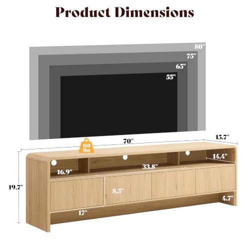 Image of AMERLIFE 70 inch Modern TV Stand for TVs Up to 80 inch, Wood TV Console with Curved Profile Design & 2 Storage Cabinets, Media Console Entertainment Center for Living Room, Natural Oak