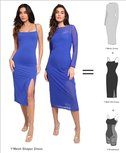 Image of Popilush Mesh Shapewear Dress Corset Date Night Dresses for Women Two Piece Club Outfits with Slit