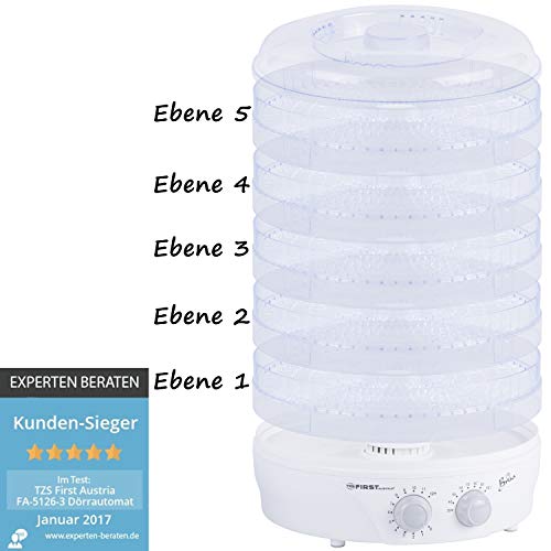 TZS First Austria - Dörrgerät mit Timer bis 12 Std und Temperaturregler von 35-70°Celcius, 5 Etagen, BPA Frei, inklusive Rezeptheft, Dörrautomat Dörrgerät Obsttrockner Dörrapparat mit Zeitschaltuhr - 7