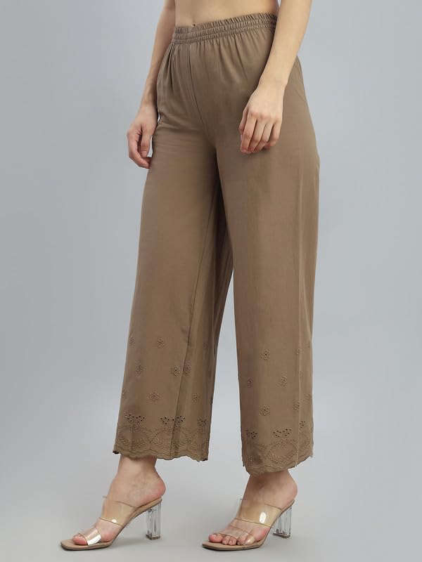 Image of GO COLORS Women Cotton Hakoba Wide Pant Ankle Length, Floral Embroidery, Relaxed Fit, Mid-Rise with Side Pocket