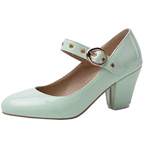 MAVMAX Women's Round Toe Chunky Heel Pumps Patent Leather Mary Janes
