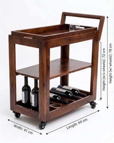 Image of Solid Wood 3-Tier Rolling Bar Cart | Mobile Kitchen Island & Serving Trolley with Removable Top Tray & Integrated Bottle Holder Wine Serving Trolley| Brown Finish