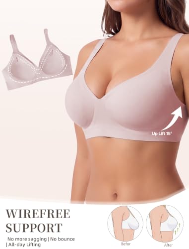 Women Wireless Jelly Bras Seamless V Neck, Pink, Medium - Image 3