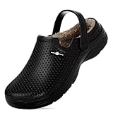 Men's Women's Lined Clogs Winter Waterproof Slippers Slip On Garden Shoes Non-Slip Home House Slipper Indoor Outdoor Mules with Fleece Lining Black,11 Women/10 Men,Label Size 43