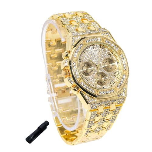 genkigold Gold Diamond Watch for Teen Boys - 38mm Roman Numerals Octagonal Dial - 18K Real Gold Plated 7.7