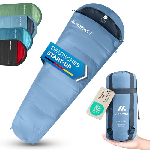 NORDMUT® Schlafsack Erwachsene – kleines Packmaß & ultraleicht (900/1500g) – 3-Jahreszeiten (250 GSM) & Sommerschlafsack (100 GSM) – Mumienschlafsack für Camping, Outdoor & Festivals