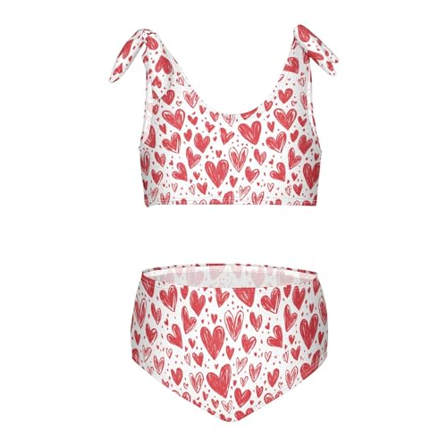 Red Doodle Heart Girls Two Piece Tankini Swimsuits Summer Bathing Suit Beach Swimwear Set, 3T