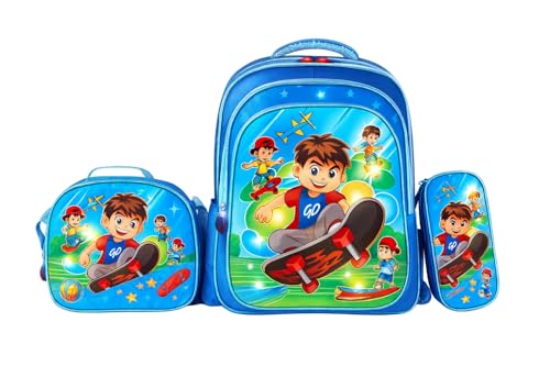 Kit Mochila Infantil LED com Lancheira e Estojo Gata, 3 Compartimentos, Alças Ajustáveis, Ideal para Escola(Skate 2)