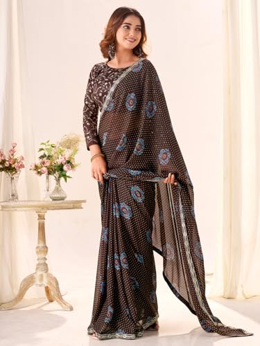 Image of AKHILAM Women's Bandhani Printed Chiffon Saree with Blouse