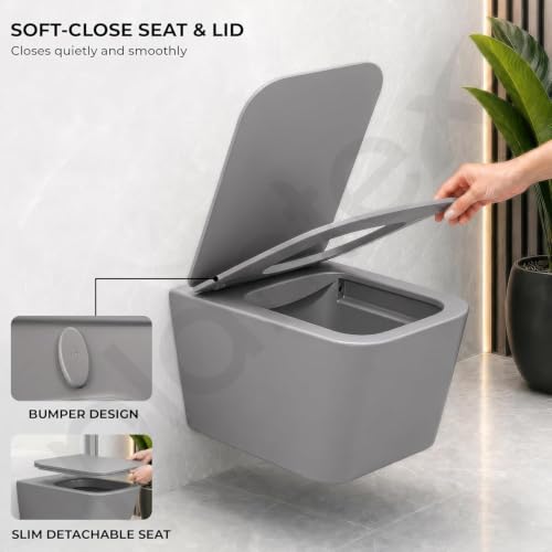 Image of Plantex Rimless Western Toilet /Imported Italica Ceramic Wall Hung Commode Toilet /Washdown Commode with Soft Closing Toilet Seat - P Trap (Square - Matt Light Grey)