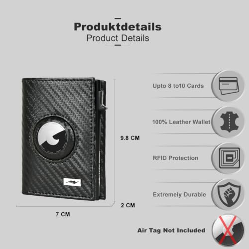 Image of AirTag Wallet - Full Grain Leather, Mens Minimalist Wallet with Apple Air Tag Holder, Slim Smart Pop up Card Case, ID Window, RFID Blocking Wallet for Men and Woman Carbon