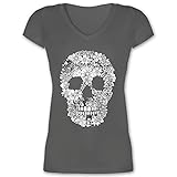 Rockabilly - Totenkopf Blumen Skull Flowers - L - Anthrazit - Blumen - XO1525 - Damen T-Shirt mit V-Ausschnitt