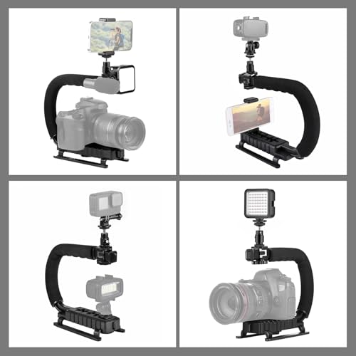 PULUZ U/C Shape Video Action Stabilizing Handle Grip Handheld Stabilizer Kit with Phone Clamp + LED Studio Light for Canon Sony Nikon Cameras and Home DV Camera Smartphones - Thumbnail 3