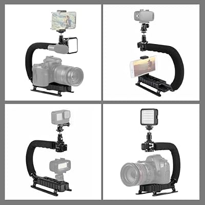PULUZ U/C Shape Video Action Stabilizing Handle Grip Handheld Stabilizer Kit with Phone Clamp + LED Studio Light for Canon Sony Nikon Cameras and Home DV Camera Smartphones