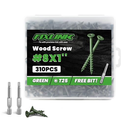 Image of Wood Screws 1 Inch, FIXLINK Deck Screws #8 x 1, 310 PCS, Decking Screws Excellent Rust Resistant for Outdoor Wood Fence, Green