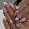 LPOODDNU 3D Pink Press on Nails Almond - Medium French Tip Fake Nails with Embossed Flower&Gold Bead Designs, Glossy Finish Reusable False Nails with Glue Tabs - 24Pcs Nail Kit for Women Manicure