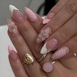 LPOODDNU 3D Pink Press on Nails Almond - Medium French Tip Fake Nails with Embossed Flower&Gold Bead Designs, Glossy Finish Reusable False Nails with Glue Tabs - 24Pcs Nail Kit for Women Manicure