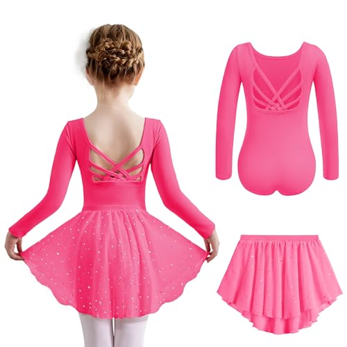 Zaclotre Ballet Leotards for Girls Long Sleeve Crisscross Back Dance Outfit with Removable Shiny Skirt Leotard Combo
