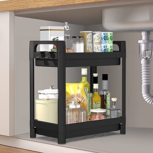 SOYO Under Sink Organizer, 2-Tier Under Bathroom Sink Organizers Cabinet Storage, Standing Rack Organizer, Bath Collection Baskets with Hook, Multi-Purpose Storage Shelf for Kitchen Laundry, Black