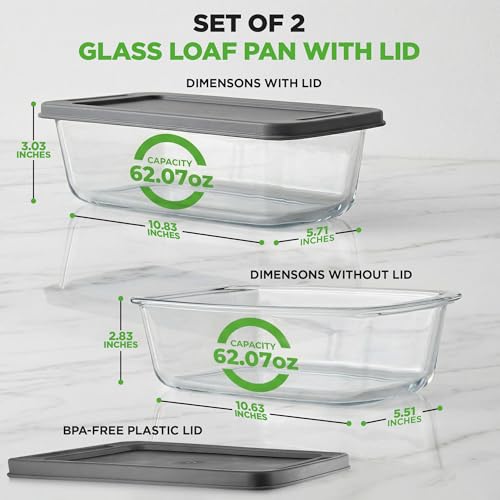 Image of NutriChef 4 Piece Glass Loaf Pan Set with Lids - Stackable 1.9 QT /62oz Glass Bread Baking Dishes - 2 Food Storage Containers + 2 Airtight Lids, Oven & Microwave Safe, Dishwasher Safe - Clear