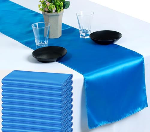 VDS Pack of 25 Satin Table Runners Charmeuse Sateen Silk Centerpiece Cloth Linen for Wedding Birthday Graduation Engagement Ceremony Event Party Banquet Table Decoration (12x108 inch)(Blue)