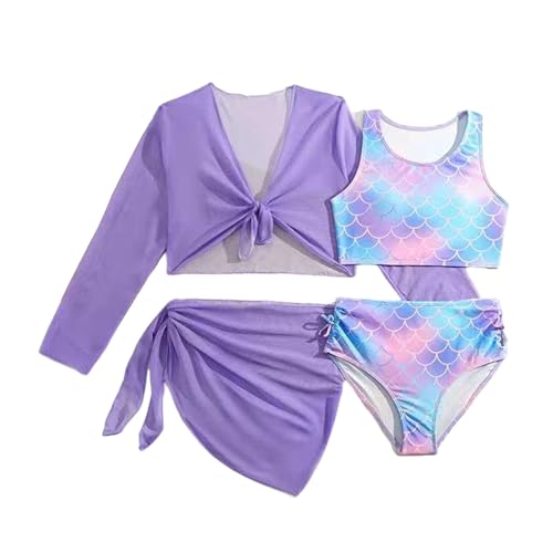 Traje de baño para niña de 4 piezas con vestido de playa bohemio estampado