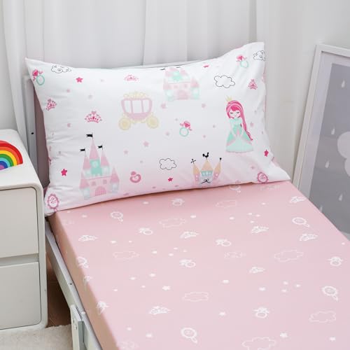 Image of david's kids 4 Piece Toddler Bedding Set - Soft Breathable Toddler Bedding Set for Girls, Includes Quilted Comforter, Flat Sheet, Fitted Sheet and Pillowcase, Princess