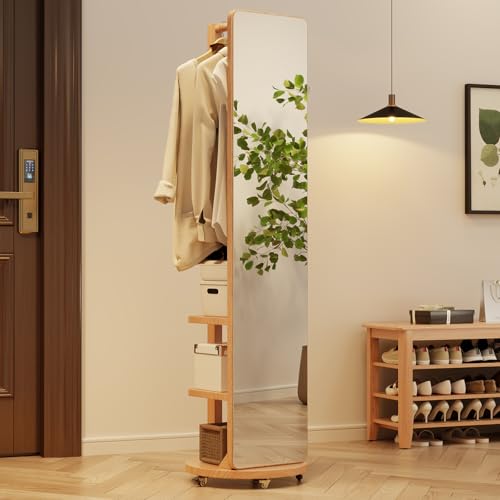 Image of WoodsWhisper Full Length Mirror Coat Rack Solid Wood Floor Mirror 66 inchx12 inch Full Length Mirror with Stand Long Mirrors for Bedroom,Living Room (Natural-Mobile, 66 inch Lx12 W)
