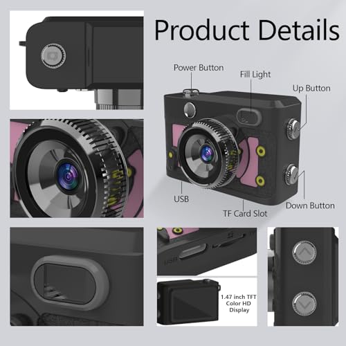 Image of Mini Keychain Camera 64GB, 1080P Mini Retro Photo Video Camera, 120 Minute Battery Life Portable Tiny Digital Cam, Micro Video Camcorder for Travel Students Children, Pink
