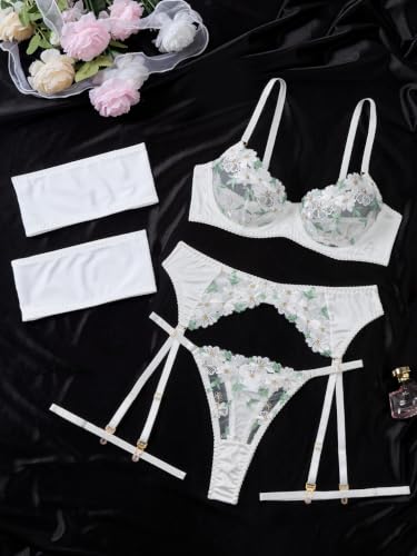 Image of Lilosy Sexy Leaf Floral Embroidered Mesh Sheer Women Underwire Push Up Lingerie Set