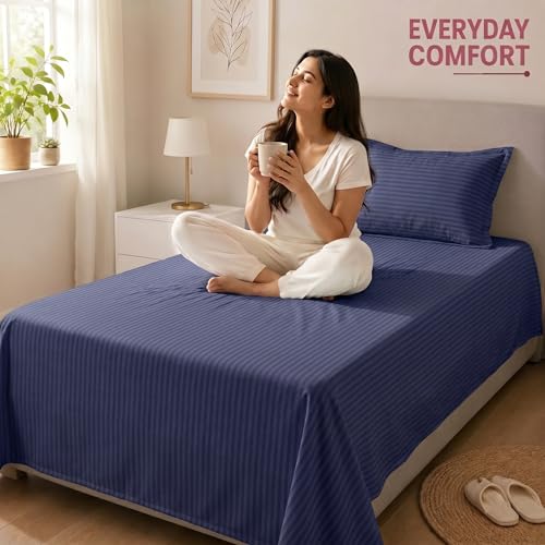 Image of Mafatlal Classic 210 TC 100% Cotton Single Bedsheet | 90 x 60 Inches Cotton | Italian Stripes Pattern | Smooth Feel & Easy Care | Navy Blue