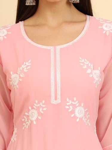 Image of Women's Chikankari-Lucknowi Embroidered Work | 3 /4 Sleeve | Knee Length | Round Neck | Georgette Fabric | Straight Kurta