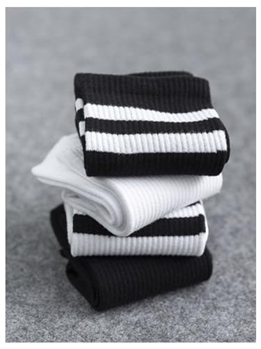Image of OYOANGLE Women's 4 Pairs Striped Casual Crew Socks Breathable Solid Mid Calf Socks Black and White One-Size