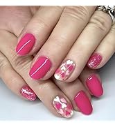 Deep Pink Press on Nails Short Square Fake Nails Heart Glitter Designs False Nails Pink Glossy Gl...