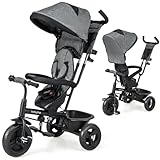 BABY JOY Tricycle, 4 in 1 Toddler Bike w/Removable Canopy, Adjustable Push Handle, Reversible Seat, Safety Belt, Folding Footrest & Storage Basket, Toddler Tricycle for Boys Girls 9-60 Months (Gray)