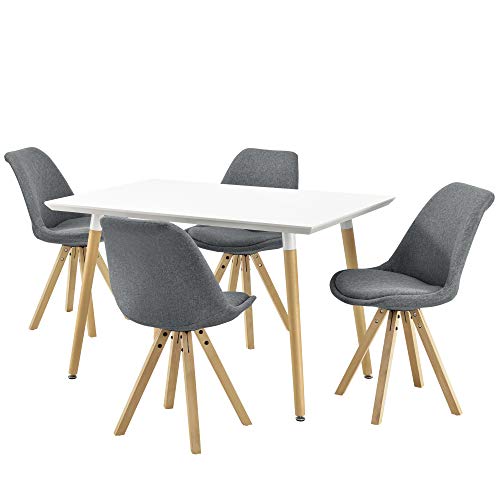 [en.casa] Conjunto de Mesa de Comedor Mesa de Cocina 120 x 70 cm con Set de 4 Sillas de diseño 85 x 48,5 Silla de Comedor Silla de Cocina Patas de Madera Asiento de Tela Acolchada Gris