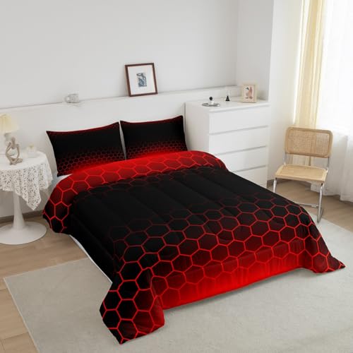 Image of Feelyou Red Black Ombre Comforter Set Twin, Honeycomb Bedding Set for Kids Abstract Hexagonal Comforter Ombre Duvet with 1 Pillow Case