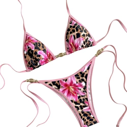 Bikini triángulo de estilo brasileño con estampado de leopardo y diseño floral