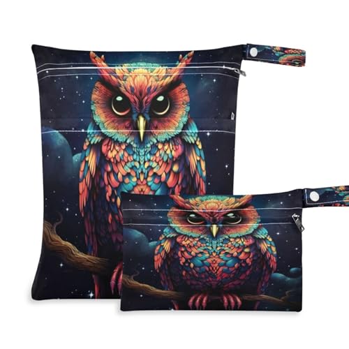 ATTX Owls Wet Dry Bags 2-Pack - Reusable Cloth Diaper Storage for Travel, Beach & Gym | Multi-Use Waterproof Bags for Swimsuits, Baby Clothes, Sports Gear#514