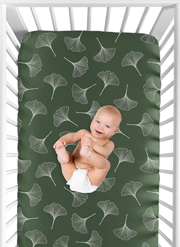 Image of Sweet Jojo Designs Fitted Baby Crib Sheets (Green Woodland Ginkgo Leaf) for Girls /Boys, Infant Nursery, Toddler Room - Standard Size (White & Forest Green Earthy, Vintage Minimalist, Botanical Nature)