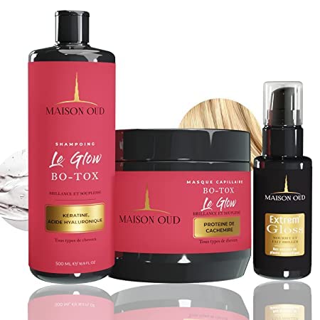 Pack B.TOX Capillaire Professionnel, Kératine Acide Hyaluronique, Sans Paraben - Formol, Trio Shampoing Masque Sérum, Lot Soin Cheveux Secs et Abimés, Shampooing Repair Traitement Liss Expert (Rose)