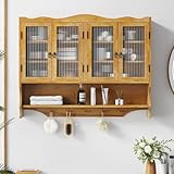 KEIKI 39.37'L Solid Wood Wall Mounted Kitchen Sideboard with 4 Glass Door, 5 Hook Rack, 4 Layers Shelves, Retro Storage Buffet Medicine Cabinet for Bathroom, Dining Room, Entryway, Coffee Bar, Natural