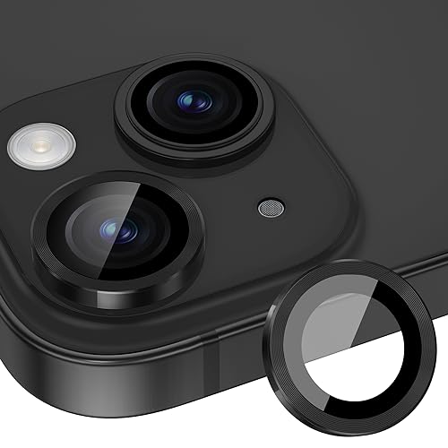 Image of Tempered Glass Camera Lens Protector Compatible For Iphone 15 /15 Plus, Individual Metal Ring 9H Hardness Scratchproof Protector, Stylish Accessories, Case Friendly (Black)