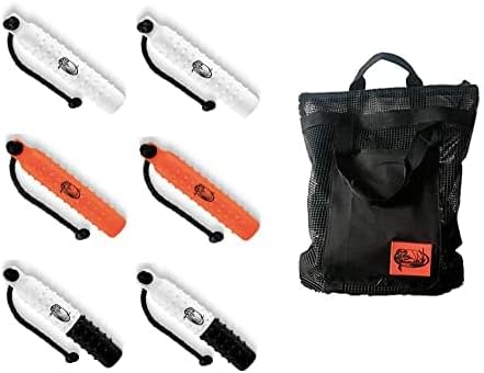 Tri-Pack (6) 3 inch Large Plastic Bumpers with Throw Ropes - 2 White, 2 Orange, and 2 B/W - one Mesh Bumper Bag - and one Fowl Dead Mallard Dummy